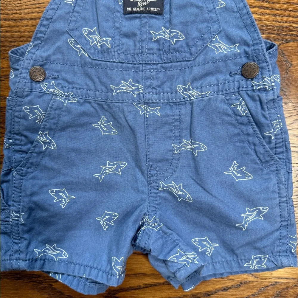 OshKosh B'gosh Kids Blue Cotton Shark Print Shortalls Size 6 Months